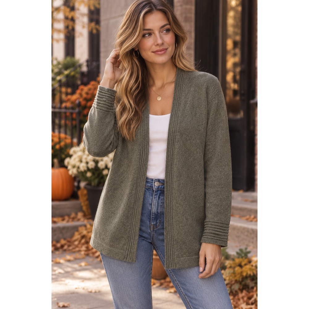 Charter Club Luxury 100% Cashmere Open Front Cardigan Olive Green Large